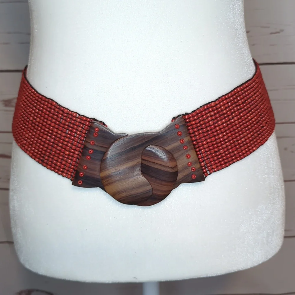 Vtg Glass Bead Wood Stretchy Elastic Belt Burnt Orange‎ Belt Women OS Bohemian